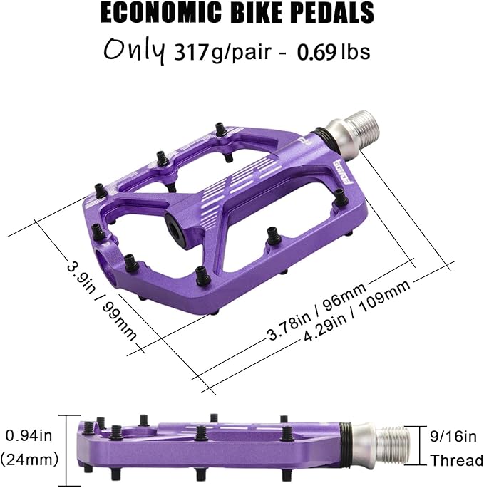 MTB Pedals Flat, Gravel Bike Pedals Flat, Light CNC Aluminum Alloy Platform Pedal w 3 Bearings Cr-Mo Spindle, Grippy Bicycle Pedals w 16pcs Pins, Mountain Bike Pedals Adult Child BMX Bike 9/16"