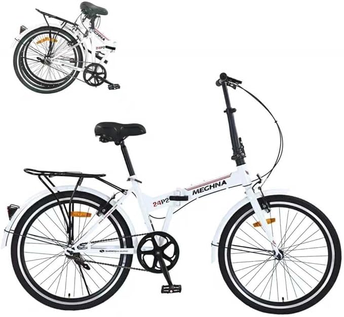24 Inch Folding Bike for Adults, Steel Frame Single Speed City Commuter Bicycle, Dual V-Brake Portable Compact Bike with Fenders for Men Women