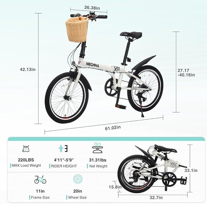 20 Inch Folding Bike for Adults, 6-Speed Steel Frame City Commuter Bicycle with Basket, Phone Holder, Fenders and Dual V-Brake, Portable Compact Foldable Cycle for Men and Women