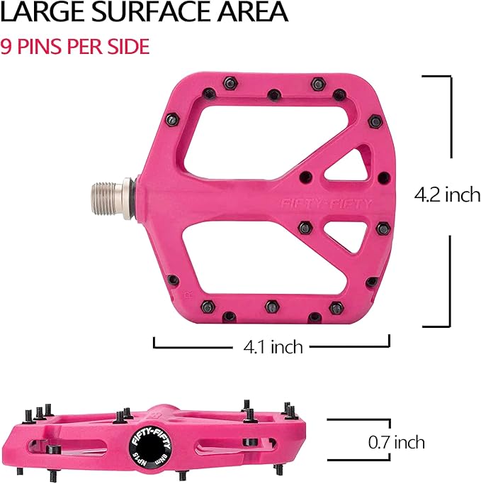 FIFTY-FIFTY Mountain Bike Pedals, Non-Slip MTB Nylon Composite, 9/16" Bicycle Pedals, Lightweight and Wide Flat Platform