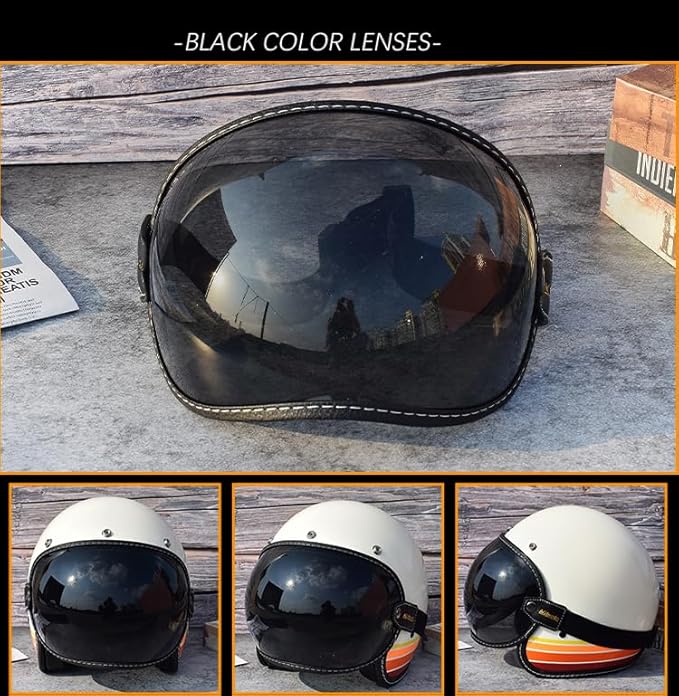 Universal Open Face 3/4 Helmet Visor Lens Bubble Motorcycle Windshield Capacete Lens Vintage Motorbike Helmet Goggles (Black)