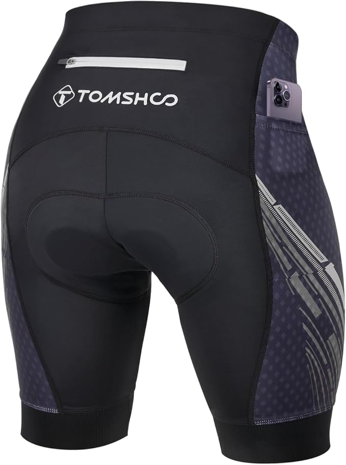 TOMSHOO Cycling Bike Shorts, 4D Padded Bicycle Riding Biker Pants with Multi-Pockets, Reflective Coating, Anti-Slip Leg