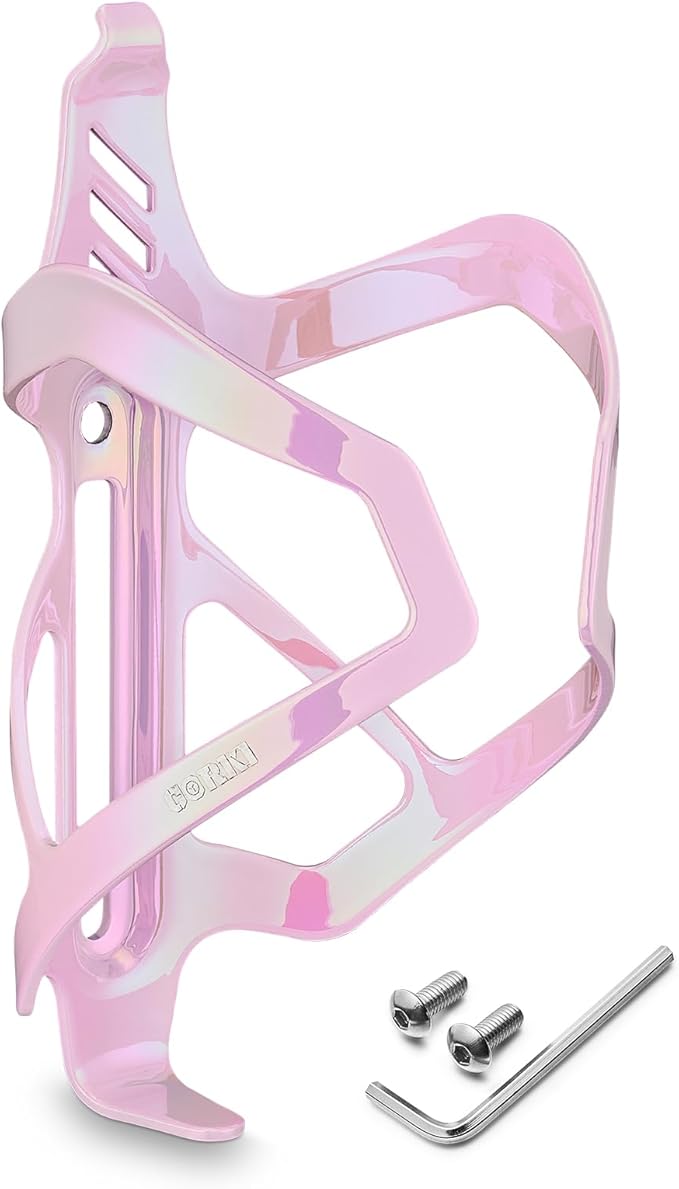 Corki Cycles Heavy Duty Bike Water Bottle Holder, Lightweight Aluminum Cage Shockproof Design for Road Mountain Gravel Bikes, Holds 18-30 oz, 1-Pack Iridescent Pink