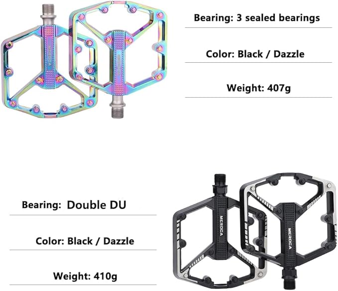 Black/Dazzle Mountain Bike Pedals, 3 Sealed Bearings Aluminum Alloy MTB Pedals with 20 Anti-Skid Pins CNC Bicycle Flat Pedals, 9/16" Lightweight Platform for Road Mountain BMX Bike