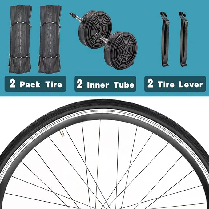 1 or 2 Pack 700X23C/25C/28C/35C Road Bike Tires with or Without 2 Inner Tubes Presta Valve and 2 levers for City Commuter Road Pavement Garden Trail Bike Tires