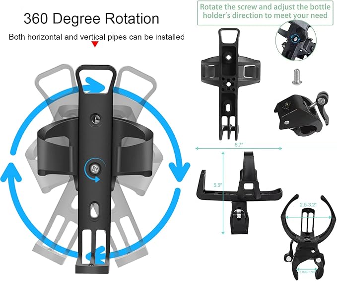 2 Pack Bike Bottle Holder, Universal Bicycle Water Bottle Cage Holder, Water Cup Holder for Bike Stroller Walker, Adjustable Mountain Bike Drink Cup with 360 Degree Rotating for Cycling MTB Black.