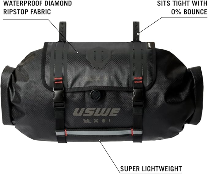 USWE Bike Handlebar Bag, Waterproof Bicycle Front Bag Frame Storage Roll Bag, Bikepacking Bags for Racing, MTB, E-MTB, Gravel Bike Accessories, Pouch Pack with 2 Rubber-like Straps, for Men and Women