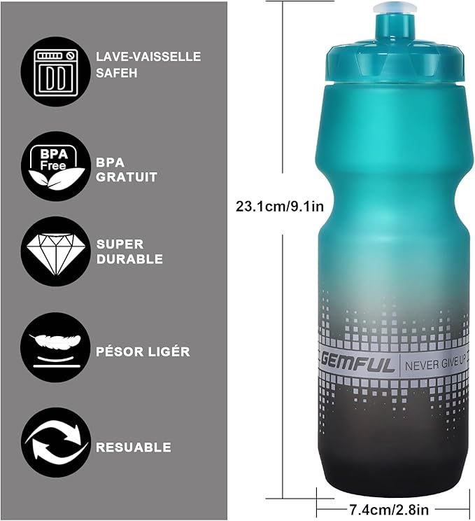 GEMFUL 2 Pack Bike Water Bottles 24oz Squeeze Cycling Drink Bottle BPA-Free Leak-Proof No-Sweat Grip for MTB Commuting Gym Road Bikes (Gradient Pink Blue+Grey)