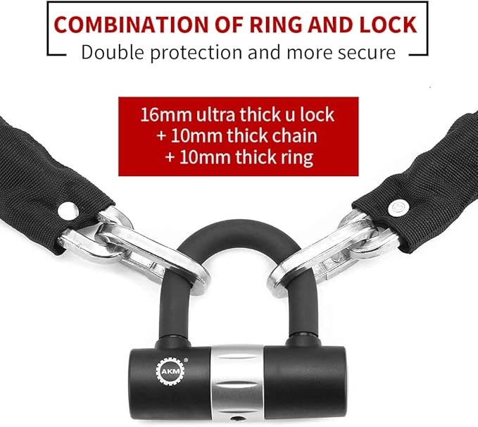AKM Motorcycle Lock 8.2ft/250cmx10mm Thick Anti-Theft Heavy Duty Chain Locks with 4 Keys Security 16mm U Lock Disc Lock,Super Long Durable Bike Chain Lock for Motorcycles,Containers,Trailers
