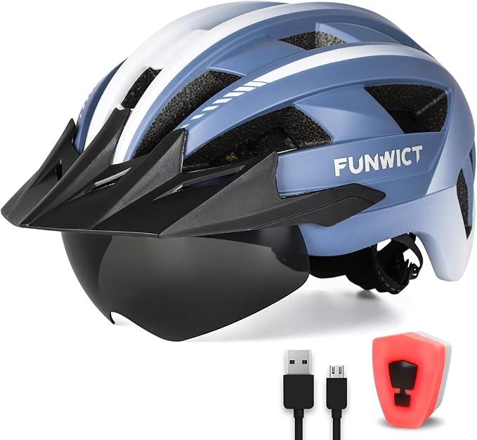Adult Bike Helmet with Visor and Goggles for Men Women Mountain Road Bicycle Helmet Rechargeable Rear Light Cycling Helmet