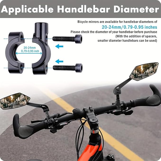 Bike Mirror for Ebike, Large HD Glass Rearview Mirror, 360° Adjustable & Foldable Handlebar Mirror for Night Riding, Scratch Resistant, Stable at High Speed, Easy Install