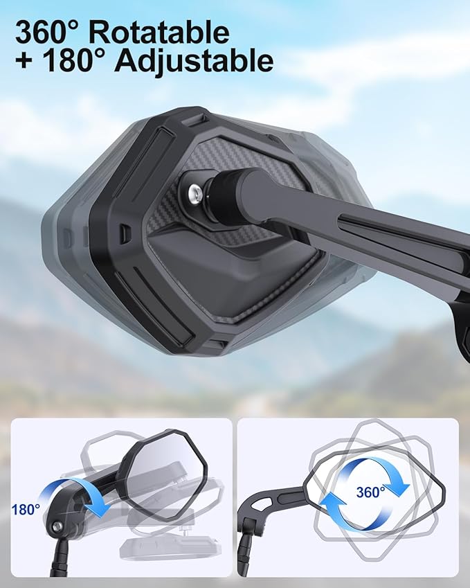 Adjustable Handlebar Bike Mirror- Anti-Slip Pads & Installation Wrench, 360° Rotatable HD Shatterproof Glass Electric Bike Mirrors, Fit for Mountain/E-Bikes/Road Bikes (1 Pair)