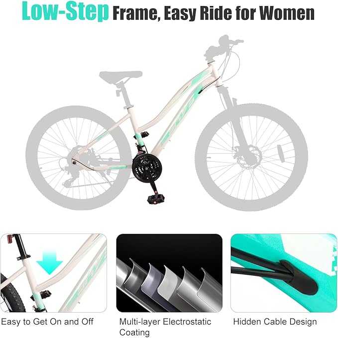 24/26 Inch Mountain Bike for Women & Girls, Twist Shifter, Dual Disc Brakes, Lockout Fork, 2.35" All Terrain Tires, Low Step Steel Frame, 85% Pre-Assembled