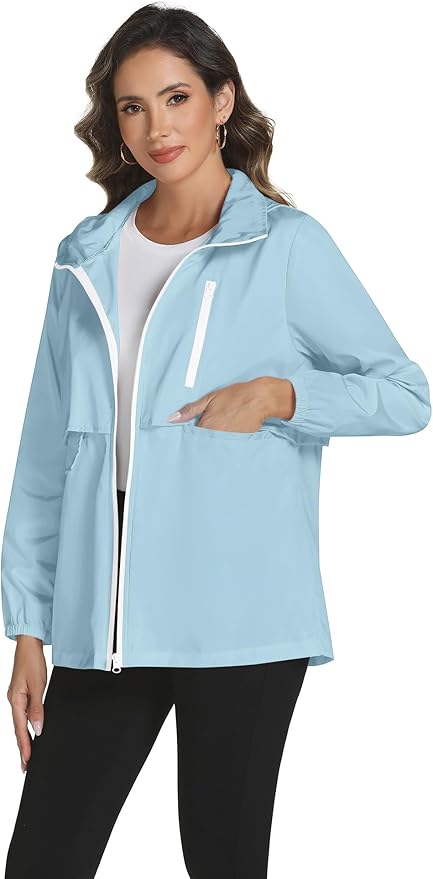 Avoogue Rain Jacket Women with Hooded Lightweight Waterproof Raincoats Packable Zipper Pockets Windbreakers