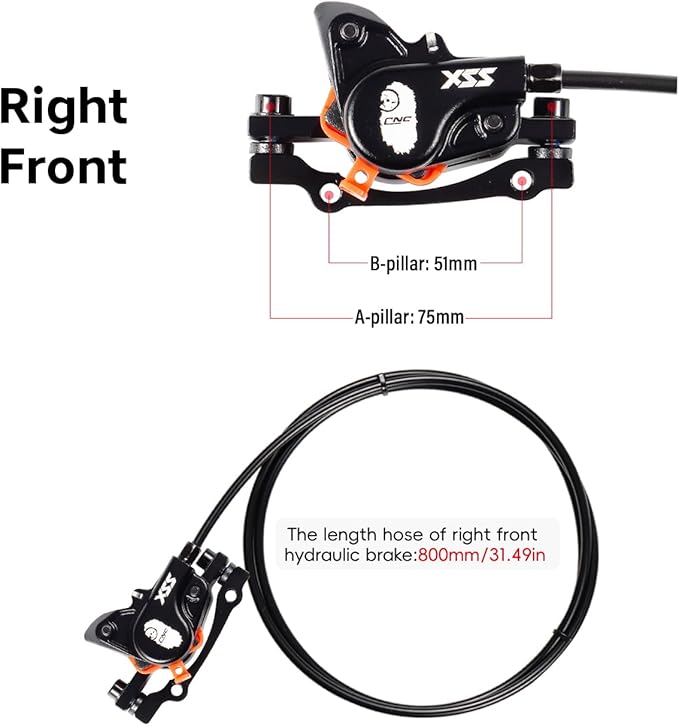 CNC MTB Hydraulic Disc Brake Set，Mountain Bike Hydraulic Disc Brakes Right Front 800mm Left Rear 1450mm Hydraulic Brake，Black