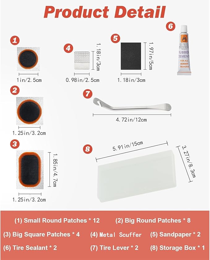 Bike Inner Tire Patch Repair Kit, with 24 PCS Vulcanizing Patches, Metal Rasp and 2 Premium Stainless Steel Levers - Also for Road Mountain Bicycle Trave (White Adhesive Upgraded Version)