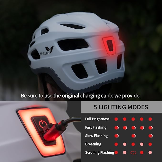 Bike Helmet for Adults, Lightweight Mountain Bicycle Helmet with USB Rechargeable LED Rear Light, Removable Sun Visor for Women, Men, Suitable for Cycling and Commuting