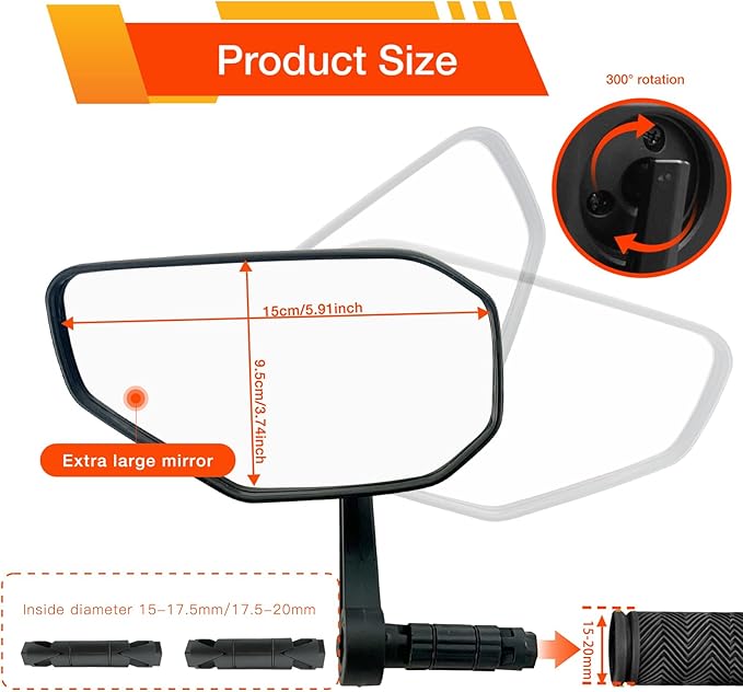Bike Mirror, Bicycle Mirror for Handlebar Mount, Scratch Resistant Glass Lens Large Bar End Bike Rear View Mirror for E-bike, Mountain Bike, City Bikes & Scooter (Left 0.59-0.78")