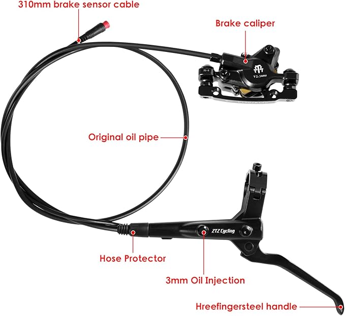 E-Bike Hydraulic Disc Brake Set, 2-PIN 2-Pistons Electric Power-Off Hydraulic Brakes Set, Left Front 950mm Right Rear 1880mm Pre-Bled with Mineral Oil Brakes Kit for eBike, MTB, Scooters