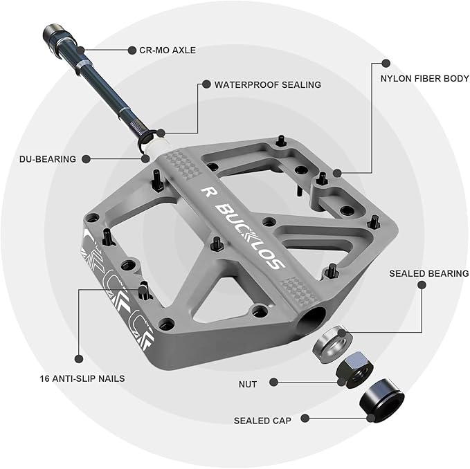BUCKLOS Mountain Bike Pedals MTB Pedals Flat, Adult Bicycle Road Bike Large Platform Nylon Non-Slip Pedal for Gravel Bike/Hybrid Bike 9/16"