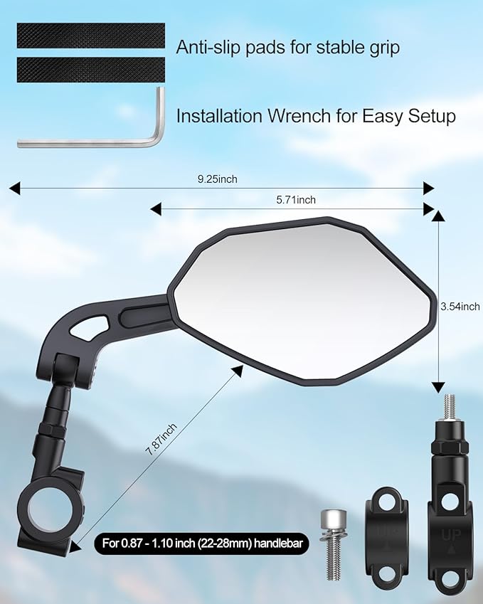Adjustable Handlebar Bike Mirror- Anti-Slip Pads & Installation Wrench, 360° Rotatable HD Shatterproof Glass Electric Bike Mirrors, Fit for Mountain/E-Bikes/Road Bikes (1 Pair)