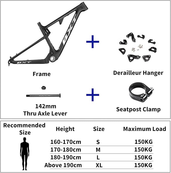 29er Carbon Fibre Mountain Bike Frame 16/17/18.5/20inch Full Suspension Frame 100mm Travel XC Soft Tail Trail Racing Bike Frame 12 * 142mm Thru-Axle/9 * 135mm QR Disc Brake(Blue-1,29 * 16")