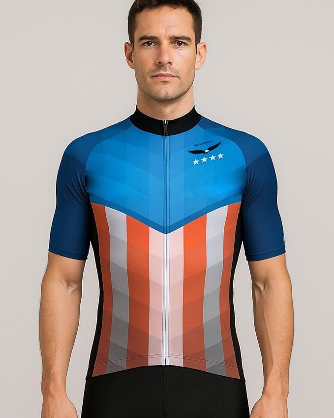 Lo.gas USA Cycling Jersey Men Short Sleeve Bike Biking Shirts American Flag Road Bicycle Clothing Full Zip with Pockets