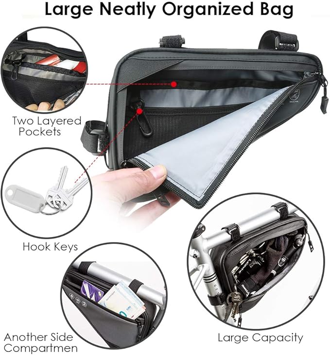 WOTOW Bike Frame Storage Bag, Water Resistant Reflective Bicycle Triangle Bag with Two Side Pockets, Strap-On Under Seat Tool Accessories Pouch for Mountain Road Bike Trip (2L)