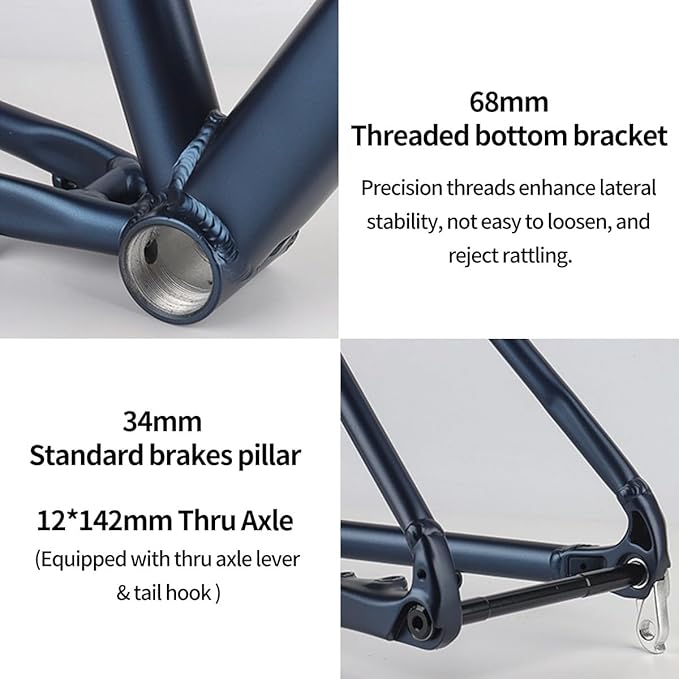 700C Racing Road Bike Frameset 48cm 50cm Aluminum Alloy Disc Brake Bike Frame Thru Axle F12*100MM R12*142MM BSA BB68mm Carbon Fibre Rigid Fork(Dark Blue,50cm)