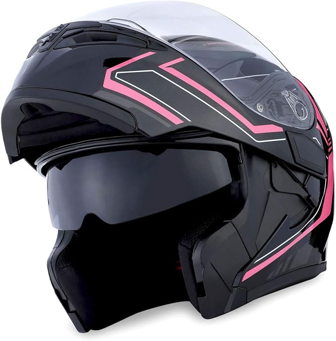 1Storm Motorcycle Modular Full Face Helmet Flip up Dual Visor Sun Shield: HB89 Arrow Pink
