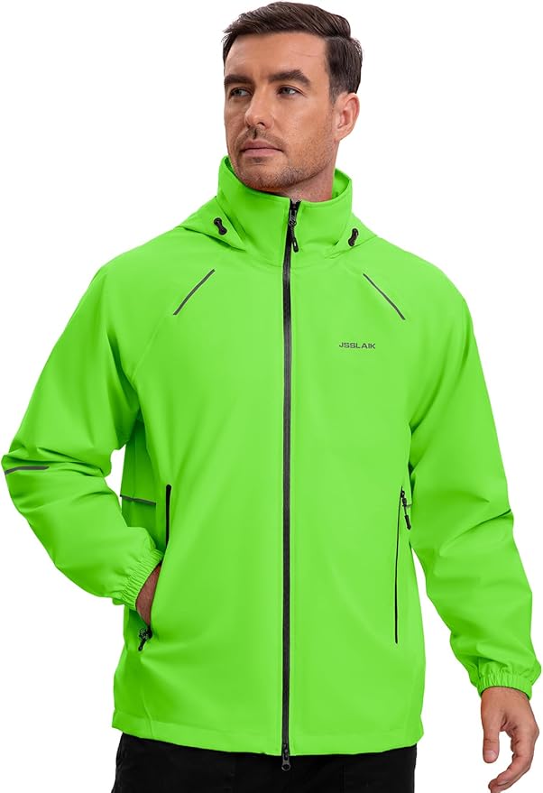 Men's Rain Jacket Waterproof Windproof Breathable for Hiking Cycling Commuting with Hood & Pockets