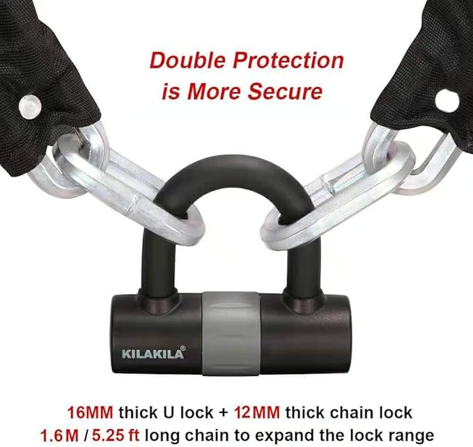 Security Chain Lock - Heavy Duty 10mm Bicycle and Motorbike Lock With 16mm U Lock