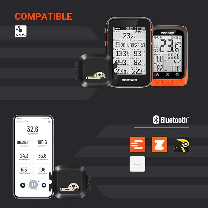 COOSPO Bike Computer Wireless GPS, Bike Speedometer with Auto Backlight, Bluetooth ANT Cycling GPS Computer, Bicycle Computer BC200 with Waterproof, Compatible with CooSporide app