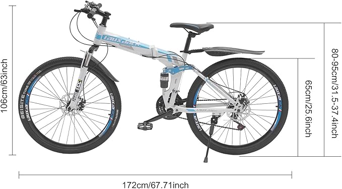 Folding Mountain Bike, 26" Womens 21-Speed Mountain Folding Bike, Carbon Steel Frame Mountain Bike, with Dual-Disc Brake, Blue&White