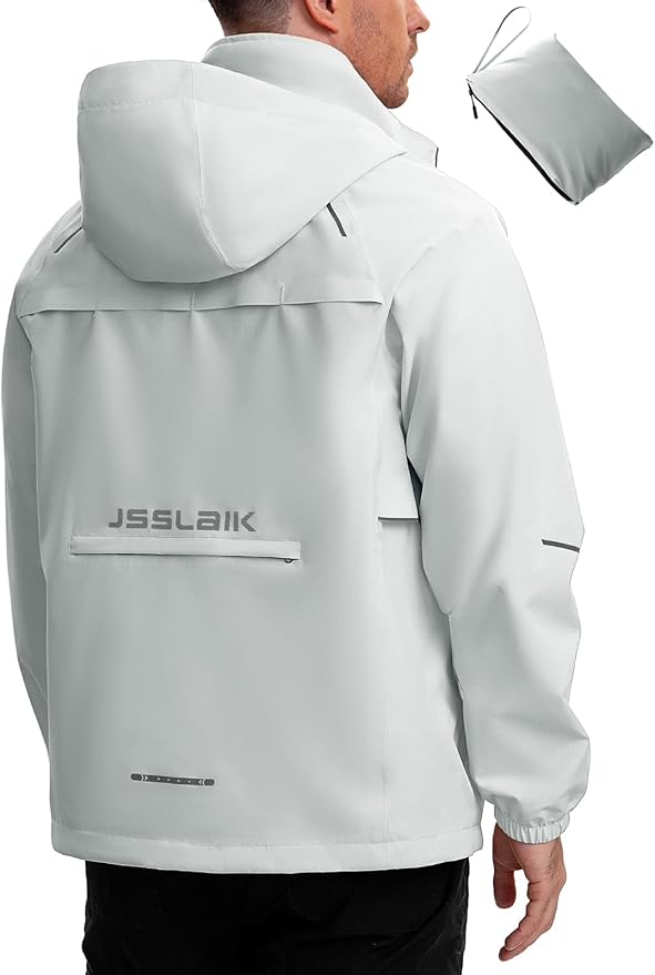 Men's Rain Jacket Waterproof Windproof Breathable for Hiking Cycling Commuting with Hood & Pockets