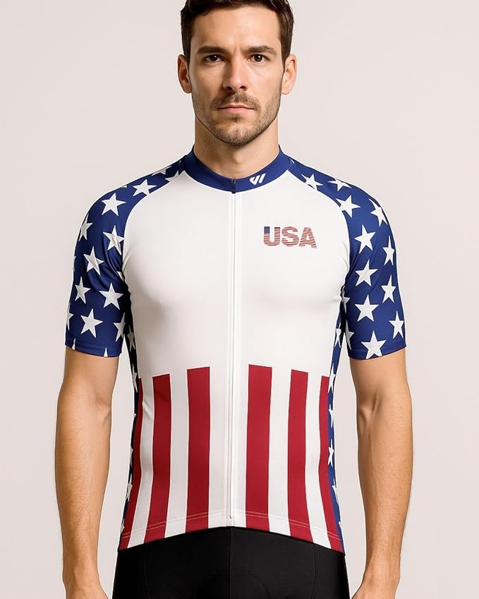 Lo.gas USA Cycling Jersey Men Short Sleeve Bike Biking Shirts American Flag Road Bicycle Clothing Full Zip with Pockets