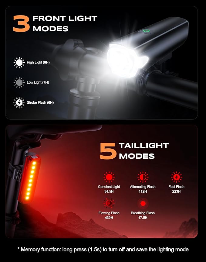 2026 New 1200LM Wide Angle Bike Lights for Night Riding, 3+5 Modes & IP65 Waterproof Bicycle Lights Front and Rear, Long-Lasting USB Rechargeable Towing Hitch Lights for Road Mountain Cycling