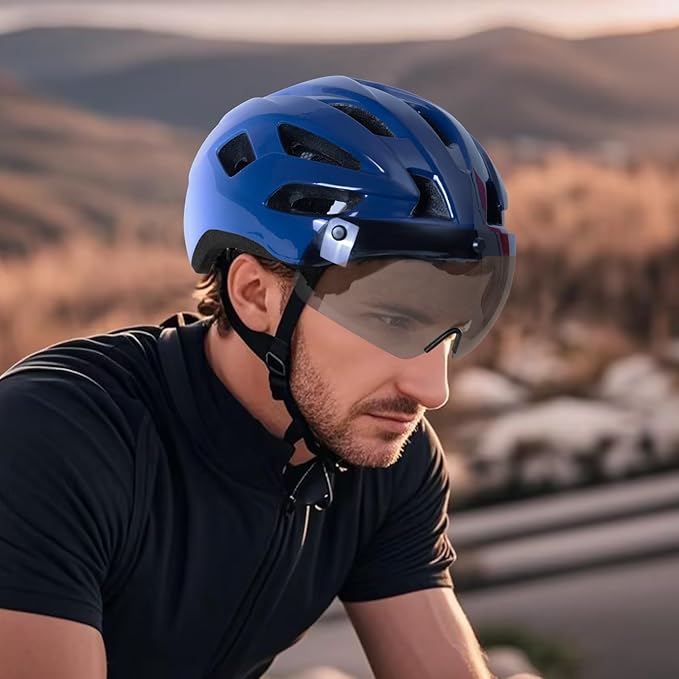 Bike Helmet Adult for Men, Lightweight Ebike Helmet with LED Light & Magnetic Goggles, USB Charging Cable Included, Cycling Helmet for Adult with Adjustable Dial Fit 22.8"- 24.4 "