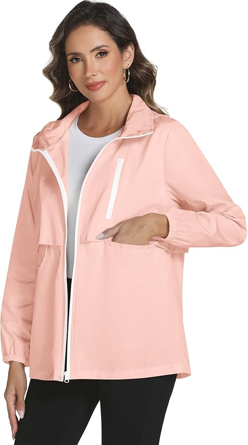 Avoogue Rain Jacket Women with Hooded Lightweight Waterproof Raincoats Packable Zipper Pockets Windbreakers