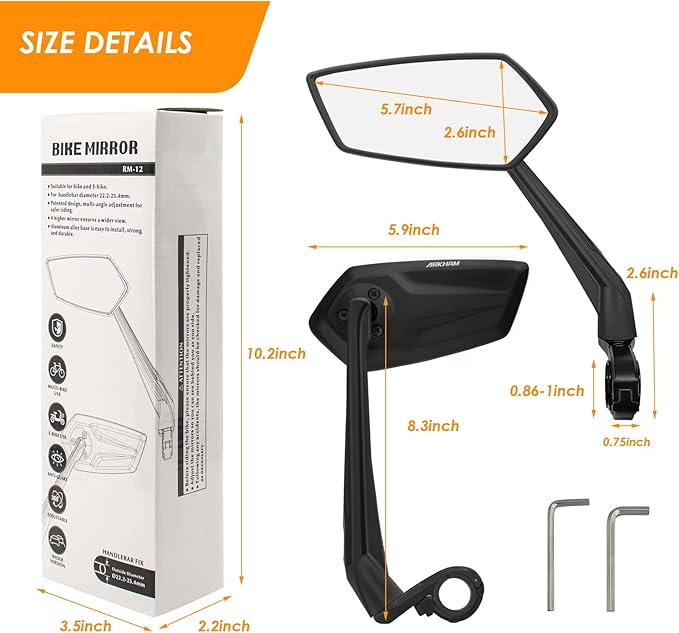 Arkham Bike Mirror for Handlebar Adjustable Bicycle Rear View Mirror 360 Rotatable, HD Glass Bicycle Mirror Shakeproof, Easy Installation,Wide View Angle, Essential Bike Tool for All Bicyclists,Right