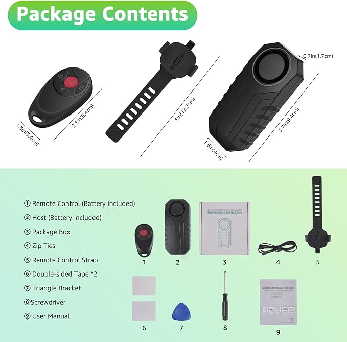 Bike Alarm with Remote, 113dB Bike Alarm for Motorcycle Moped Scooter IP65 Waterproof Adjustable Volume Sensitivity Universal Remote Strap for All Handlebar Sizes