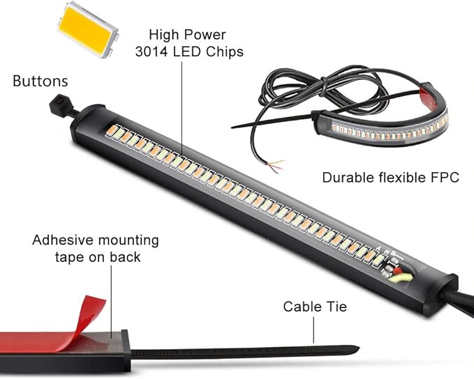 2PC Flexible Switchback Dual-Color White & Amber Motorcycle LED Fork Turn Signal Blinkers DRL Daytime Running Light Waterproof Adjustable Stips Bars kit Universal Fit Motorbike (39mm-70mm)