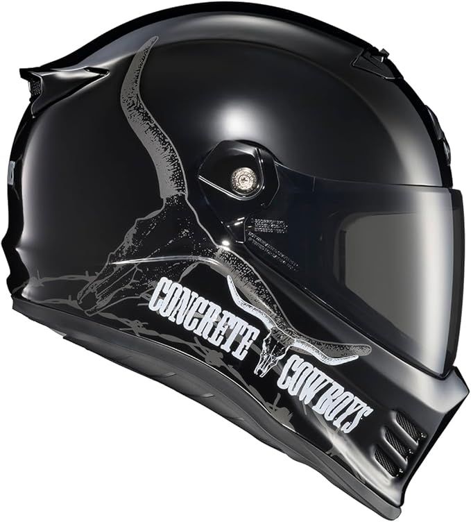 ScorpionEXO Covert FX Full Face Adult Motorcycle Helmet Street Fighter Style - Bluetooth Ready Speaker Pockets DOT ECE Concrete Cowboys (Gloss Black - Medium)