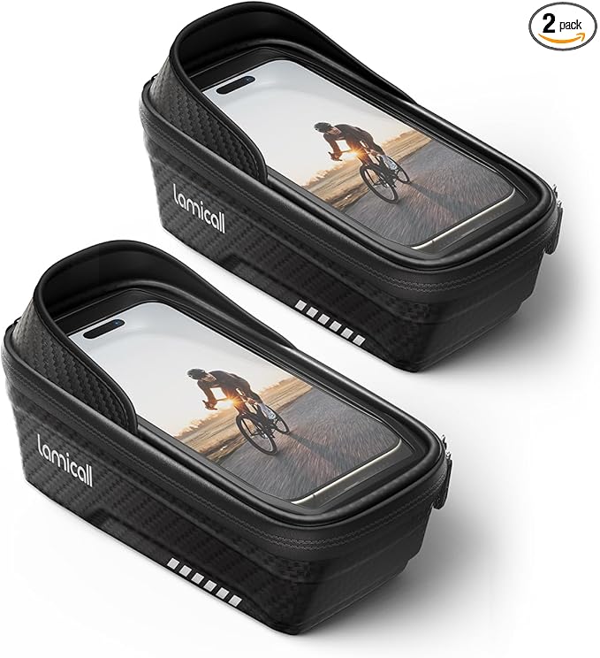 Lamicall 2 Pack Bike Frame Bag Waterproof - [1s Release] [2 in 1] Bike Phone Bag, Bike Phone Holder Mount, Bicycle Top Tube Bag, Cycling Pouch with Rain Cover, Bike Accessories for Phones Under 7"