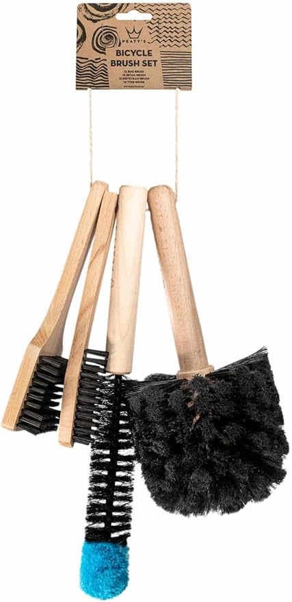 Peaty’s Complete Bike Brush Set – Patented Design, Eco-Friendly & Super Durable Beech Wood Brushes for MTB, Road & Gravel Bikes – Includes Drivetrain, Chain, Cassette, Tyre & Detailing Brushes