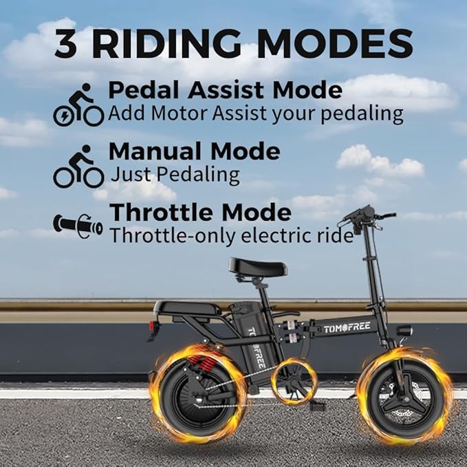 Tomofree 750W Folding Electric Bike, 48V 20AH Removable Battery, 20-25MPH, 14''x 2.1'' Tire, 25-35miles PAS, Front/Full Suspension, 200lbs Load Ebike for Adult, Adult Electric Bicycles for Commute