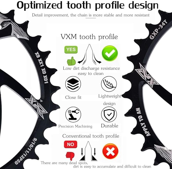 YBEKI Narrow-Wide Chainring 30T-38T - CNC 7075-T6 Aluminum MTB Chainwheel for SRAM GXP/XX1/X01 (3mm/6mm Offset) | Eagle Tooth Design | Ultra-Light 60-80g | Hard Anodized Black
