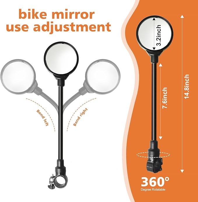 Bike Mirror Handlebar Mount(Black-2 piece), Adjustable Rotatable Bicycle Rear View Mirror, Wide Angle Acrylic Convex Safety Mirror for Mountain/Road Bicycles