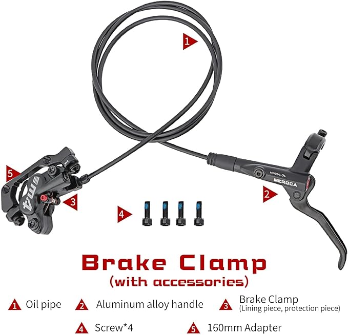 MEROCA M4 4-Piston Mountain Bike Hydraulic Disc Brakes Hydraulic Bike Brakes Front 800mm and Rear 1400mm with PM Adapter for 160mm Rotor