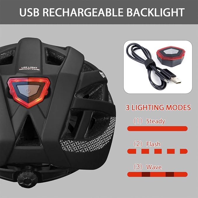 Adult-Men-Women Bike Helmet with Light - Mountain Road Bicycle Helmet with Replacement Pads & Detachable Visor